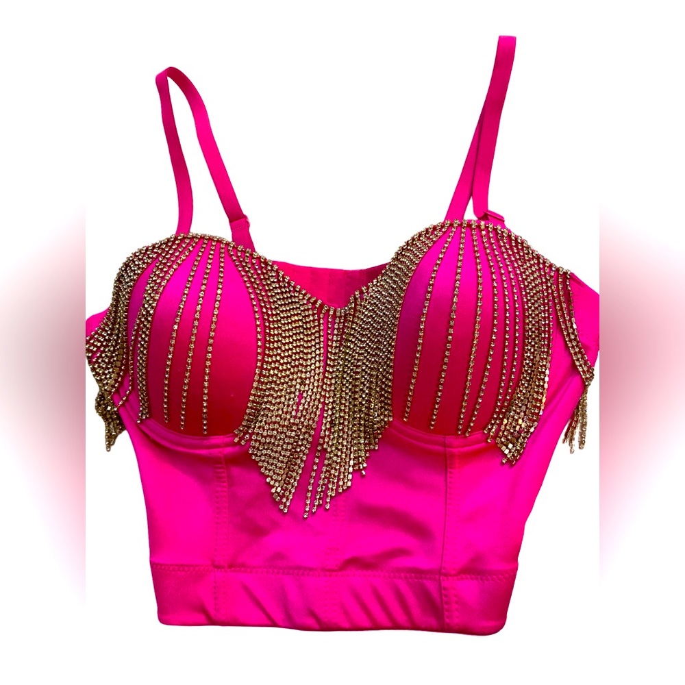 Lydia USA Crystal Rhinestone Tassel Fringe Glam Pink Bustier Crop Top Size Large